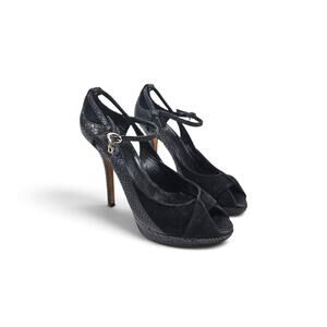 Vintage Christian Dior Snakeskin Pumps Black Strappy Platform - Size 37 EU